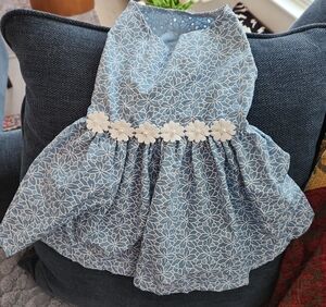 Warm Blue Floral Dog Dress with White Patterns